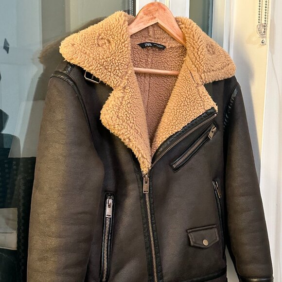ZARA MAN Faux Leather Faux Fur Winter Lapel Jacket - Small, Brown - Picture 1 of 5